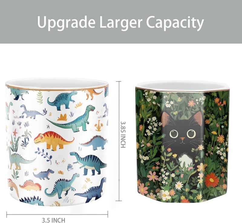 WAVEYU Pen Holder, Pencil Cup for Desk, Cute Makeup Brush Holder, Durable Ceramic Organizer Decor for Room, Office, Classroom, Cute Dinosaur Pattern - Image 2